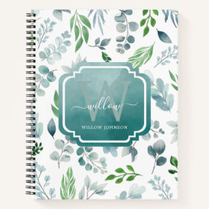Carnet Aquarelle Vert Bleu Vert Feuillage Monogramme