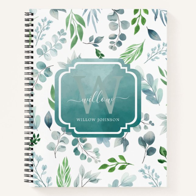 Carnet Aquarelle Vert Bleu Vert Feuillage Monogramme (Devant)