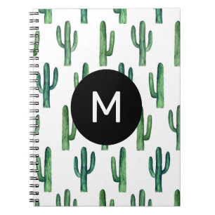 Carnet Aquarelle vert mignon motif cactus. Monogramme