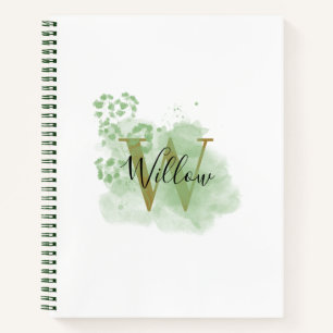 Carnet Aquarelle verte personnalisée et initiale florale