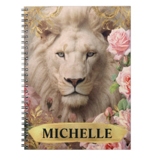 Carnet Aquarelle Vintage Lion Blanc et Roses Roses
