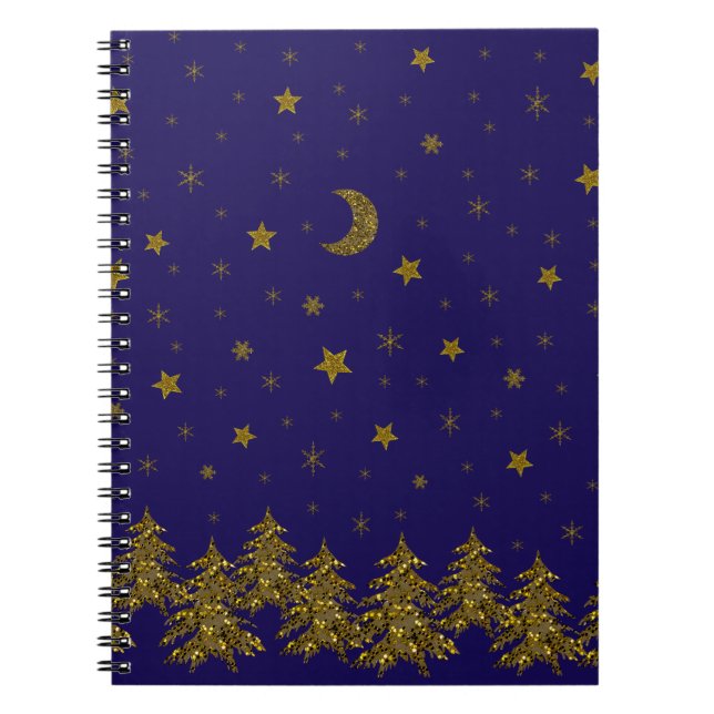Carnet Arbre de Noël étincelant, lune, étoiles (Devant)
