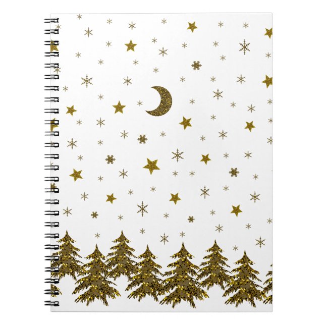 Carnet Arbre de Noël étincelant, lune, étoiles (Devant)