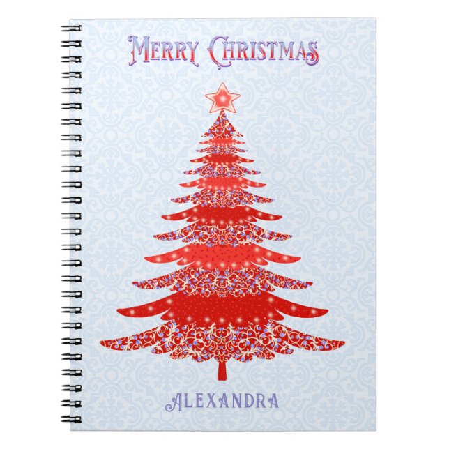 Carnet Arbre de Noël moderne bleu rouge Personnalisé (Devant)
