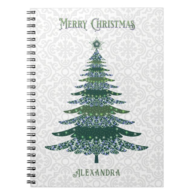 Carnet Arbre de Noël moderne Vert Blanc Personnalisé (Devant)