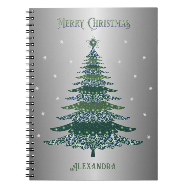 Carnet Arbre de Noël vert Nom personnalisé Argent (Devant)