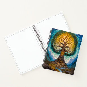 Carnet Arbre fantastique doré bleu lumineux d'Yggdrasil A