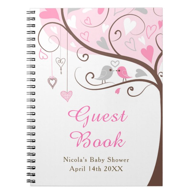 Carnet Arbre Rose Coeur Oiseaux Baby Shower (Devant)