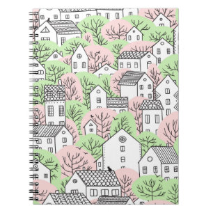 Carnet Arbres et maisons sans couture motif. Printemps et