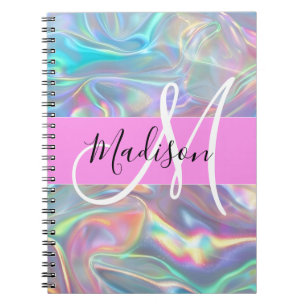 Carnet Arc-en-ciel girly holographique iridescent monogra