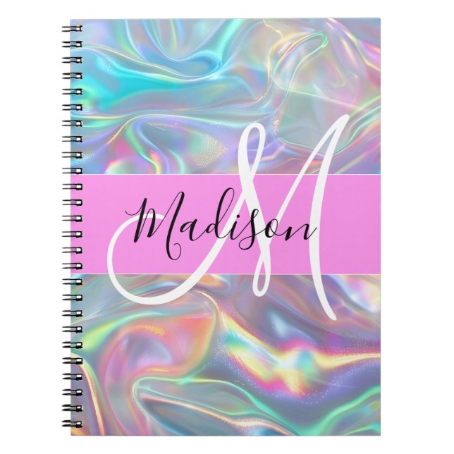 Carnet Arc-en-ciel girly holographique iridescent monogra (Devant)
