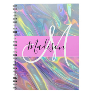 Carnet Arc-en-ciel girly holographique iridescent monogra