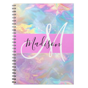 Carnet Arc-en-ciel girly holographique iridescent monogra