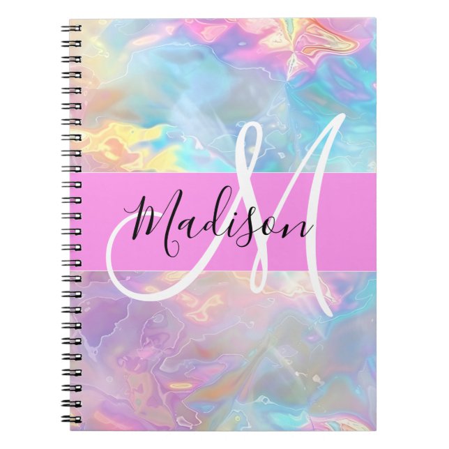 Carnet Arc-en-ciel girly holographique iridescent monogra (Devant)