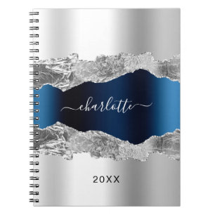 Carnet Argent marine bleu agate nom de marbre élégant