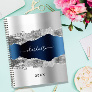 Carnet Argent marine bleu agate nom de marbre élégant