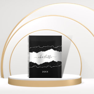 Carnet Argent noir marbre parties scintillant nom script