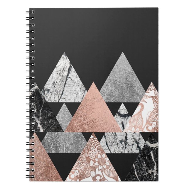 Carnet Argent rose d'or de marbre et triangles florales (Devant)