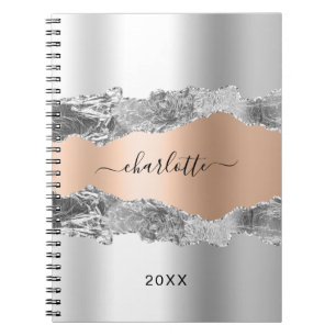 Carnet Argent rose or agate marbre nom script