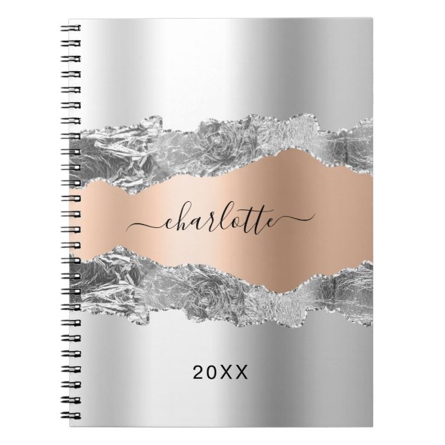 Carnet Argent rose or agate marbre nom script (Devant)