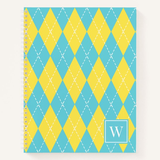 Carnet Argyle à broderie manuelle – Jaune et turquoise (Devant)