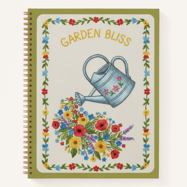Carnet Arrosoir brodé de fleurs "Garden Bliss" (Devant)