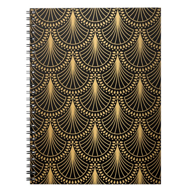 Carnet Art Déco, or noir, motif sans soudure. (Devant)