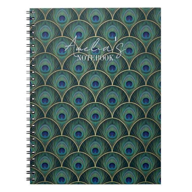 Carnet Art Deco Peacock Feather Pattern in Teal & Gold (Devant)