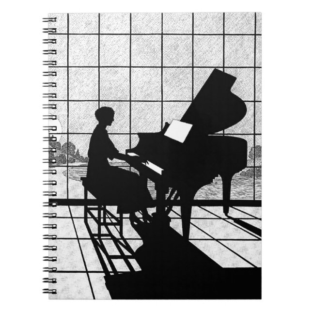 Carnet Art Déco silhouette de piano | Noir et blanc  (Devant)