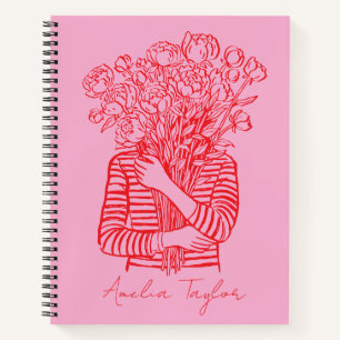 Carnet Art doodlé floral rose rouge personnalisé