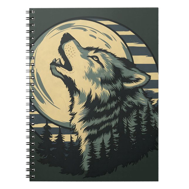 Carnet Art du loup hurlant sarcelle sous la lune (Devant)