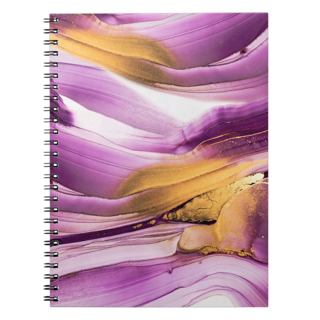 Carnet Art fluide, texture dorée lilas marbrée. (Devant)