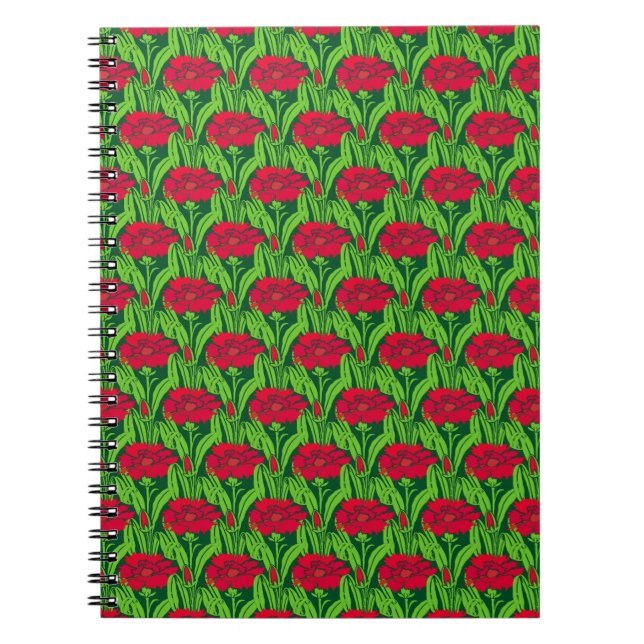 Carnet Art Nouveau rouge oeillets damas floral (Devant)