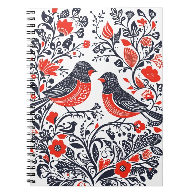 Carnet Art populaire scandinave Oiseaux Lino Coupe Design (Devant)