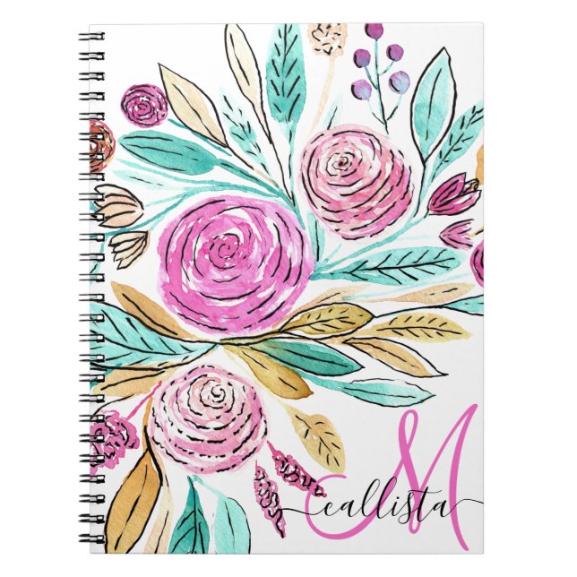 Carnet Artsy Elegant rose Turquoise Aquarelle Florale Mon (Devant)