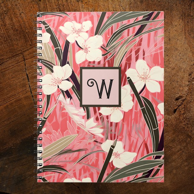 Carnet Asian Floral Pink Peach White Chinoiserie Monogram (Créateur téléchargé)