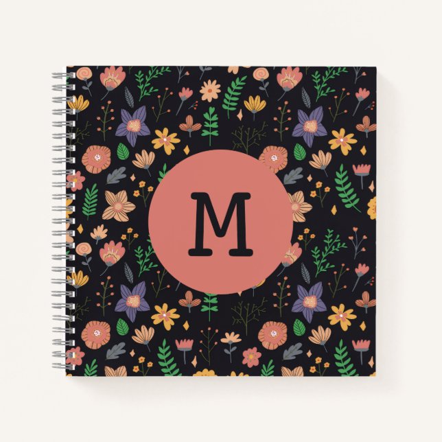 Carnet Assez Moderne Motif Floral Foncé Monogramme (Devant)