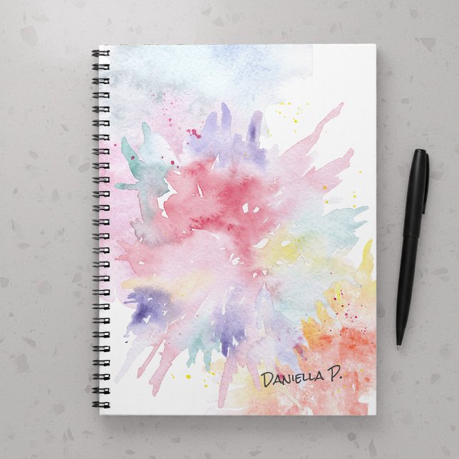 Carnet Attaque d'art à l'aquarelle Signature personnalisé (Personalized Notebook with colorful watercolor splashes by Darling & May)