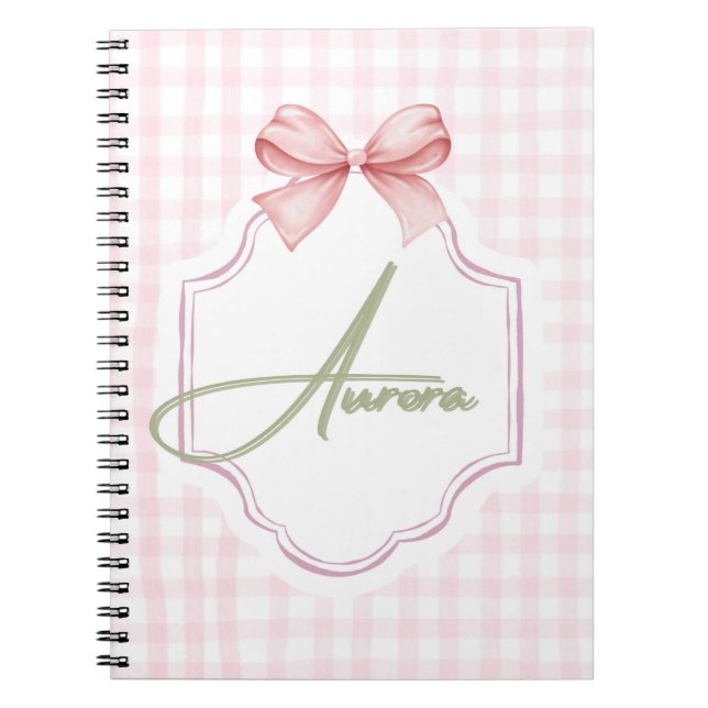 Carnet Aurora Nœud Rose Personnalisé & Impression Gingham (Devant)