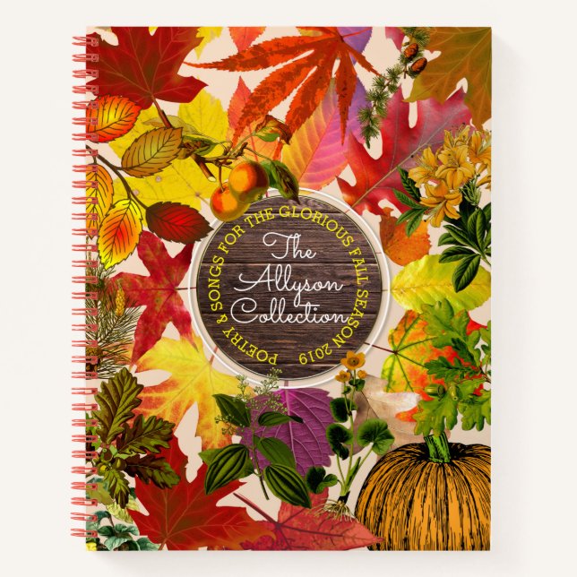 Carnet Automne Feuilles Collage Monogramme Bois Vintage (Devant)