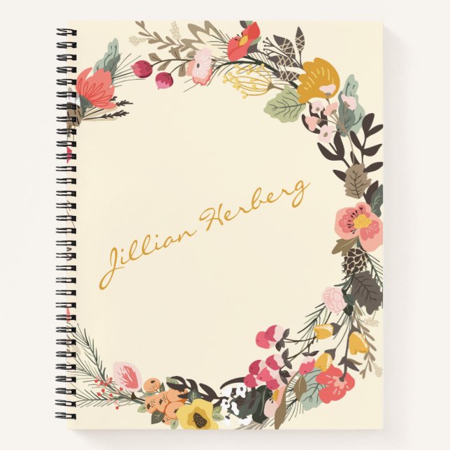 Carnet Automne Floral Wreath Jaune Vert avec nom (Devant)