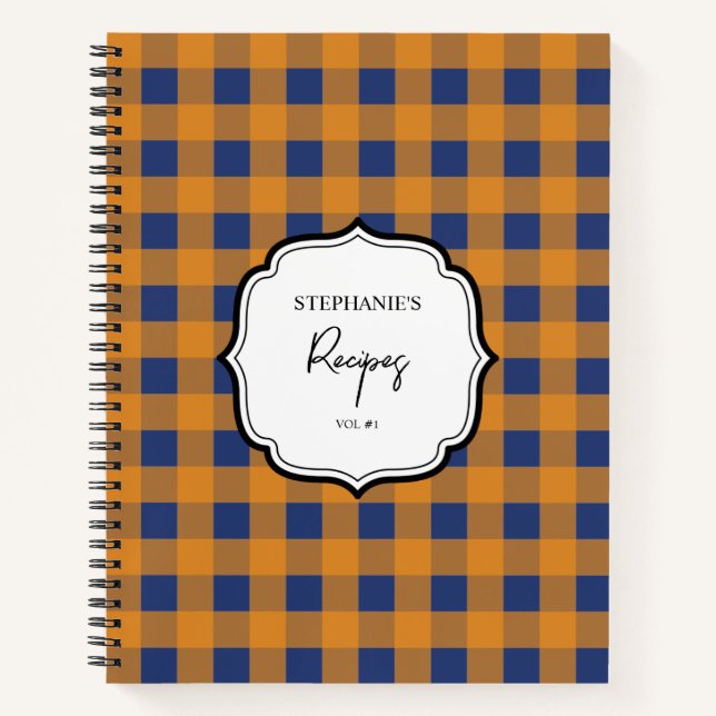 Carnet Automne Orange Bleu Plaid Motif Recette (Devant)