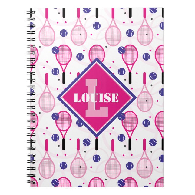 Carnet Avec nom & initiale, raquettes de tennis rose & vi (Devant)