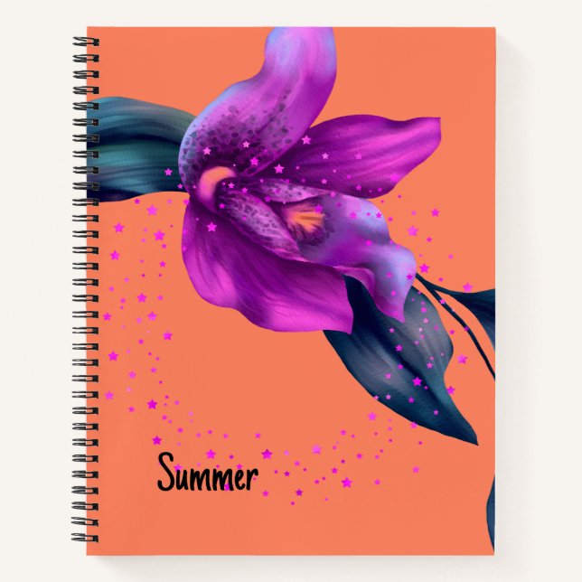 Carnet avec orchidée violette design sur orange (Devant)