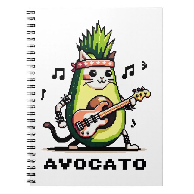 Carnet Avocato - Drôle Pixel Art Avocado Cat jouer basse (Devant)