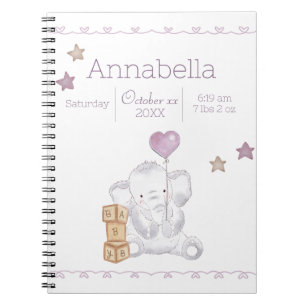 Carnet Baby rose Girl Elephant Nom personnalisé Détails d