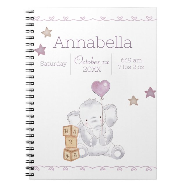 Carnet Baby rose Girl Elephant Nom personnalisé Détails d (Devant)