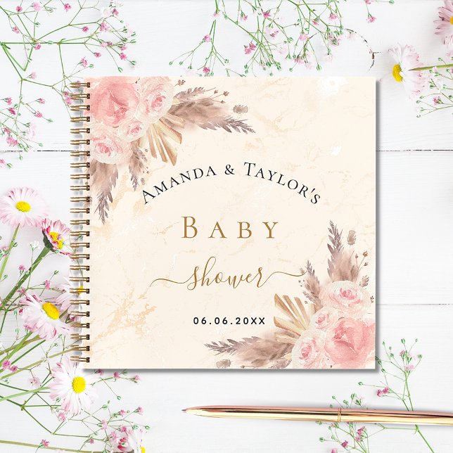 Carnet Baby shower d'hôtes pampas herbe marbre rose (Créateur téléchargé)