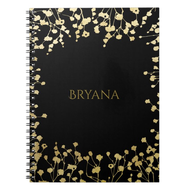 Carnet Baby's Breath Floral Élégant Noir Doré (Devant)