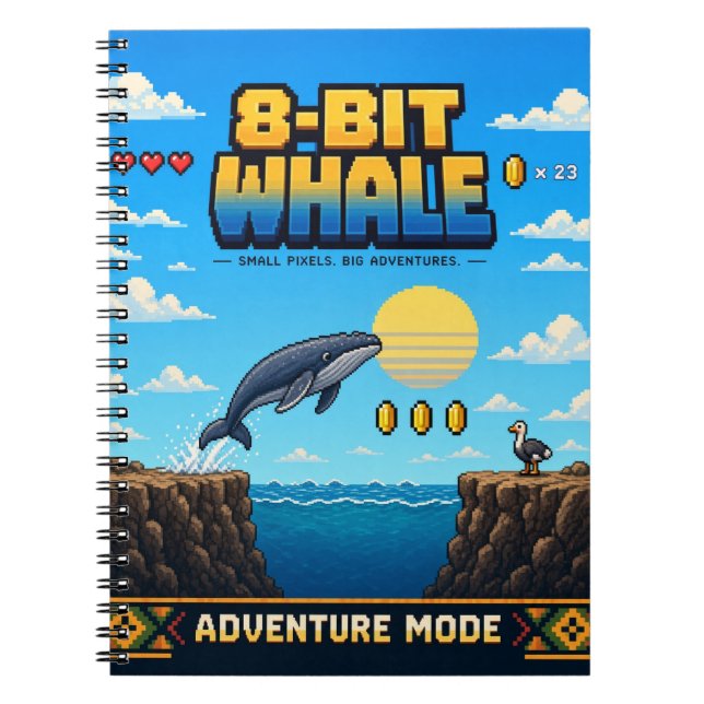 Carnet Baleine, Rétro Pixel Art 8-Bit (Devant)